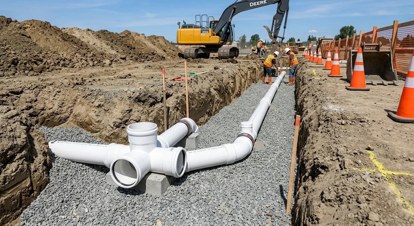 New PVC sewer pipe installation in open trench for Sewer Backup in Prattville