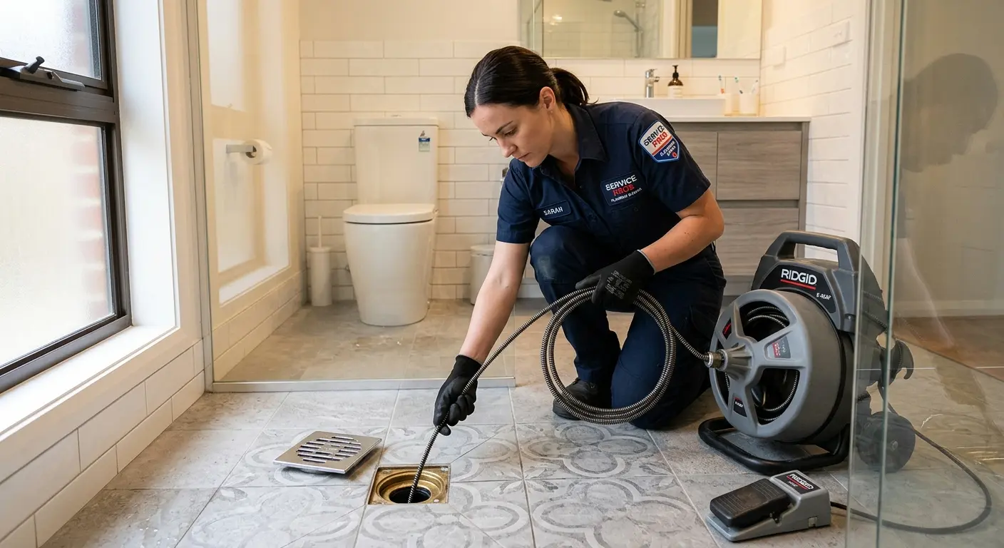 Technician clearing a bathroom floor drain for Hydro Jetting in Prattville